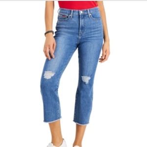 Tommy Jeans Ripped High Rise Cropped Jeans - Medium Wash, Size: 28